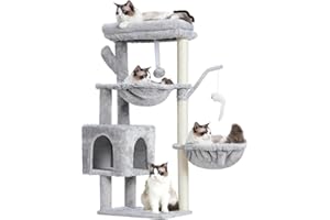 Heybly Cat Tree, 39.4 Inches Tower Condo with Scratching Post, Cat Tower for Indoor Cats, Fully Wrapped Sisal Pole, Soft Platform, 2 Baskets and Dangling Toy, Light Gray HCT006SW