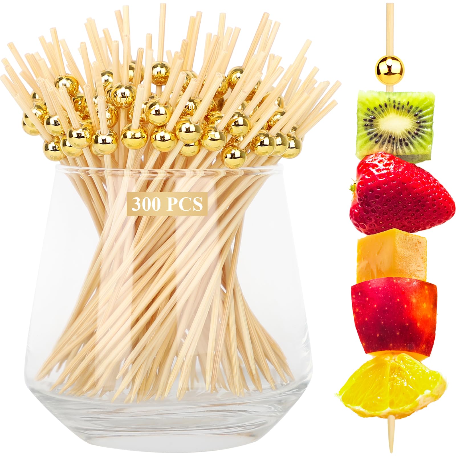 Photo 1 of [300PCS] Cocktail Picks, Fancy Toothpicks for Appetizers Drinks Food Fruit, 4.7 IN Long Decorative Bamboo Skewers, Gold Pearl Wooden Garnish Sticks for Charcuterie Boards Accessories Party Supplies