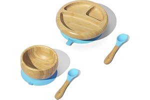 Avanchy Bamboo Baby Plate, Bowl & Spoons Set - Baby Cutlery - BPA Free Bowl - Bamboo Kids Utensils (Blue Essentials)