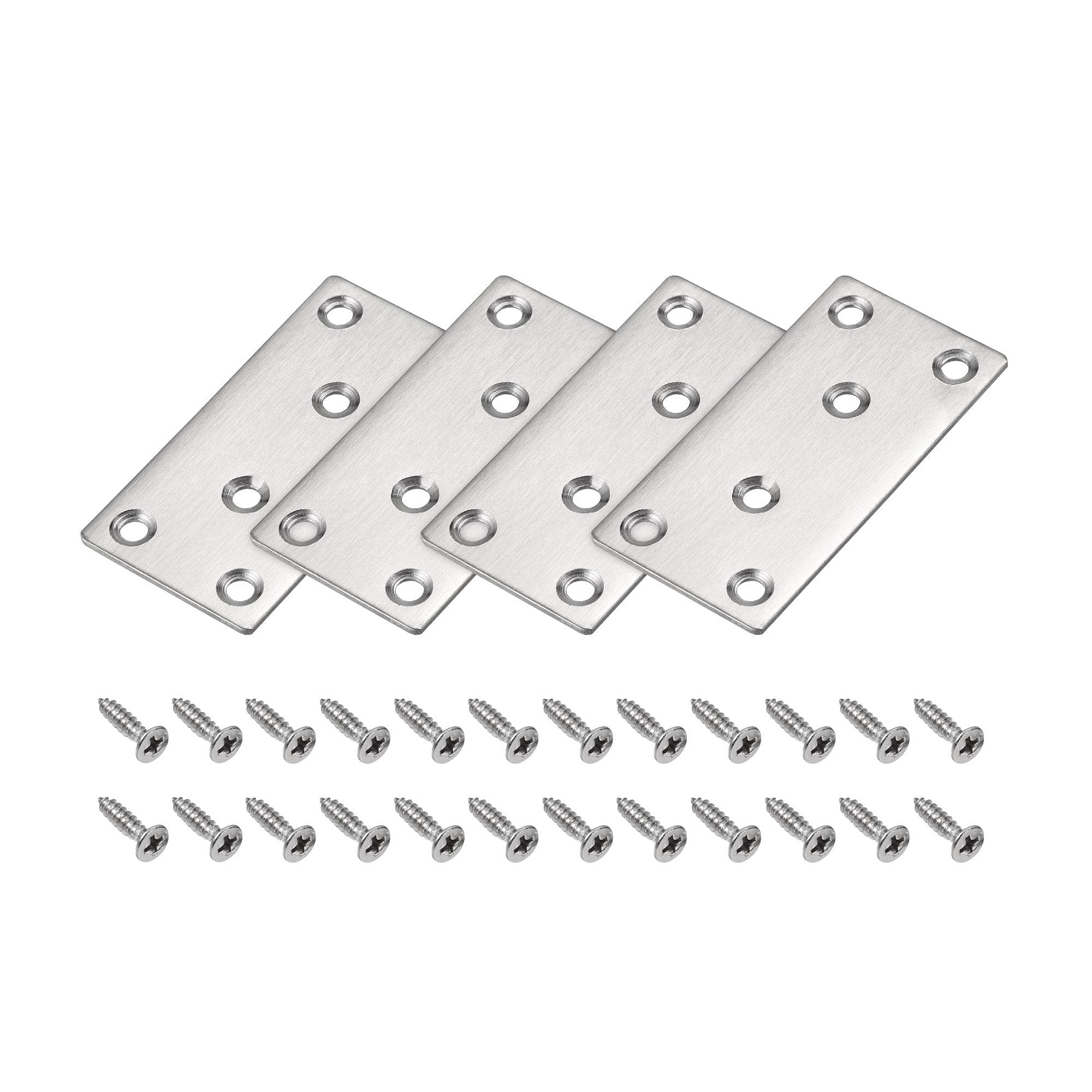 sourcing map Flat Straight Brace Repair Plate, 80 x 40 x 2mm Stainless Steel Fixing Mending Bracket Connector Silver for Furniture, Shelf, Cabinet, 4 Pcs