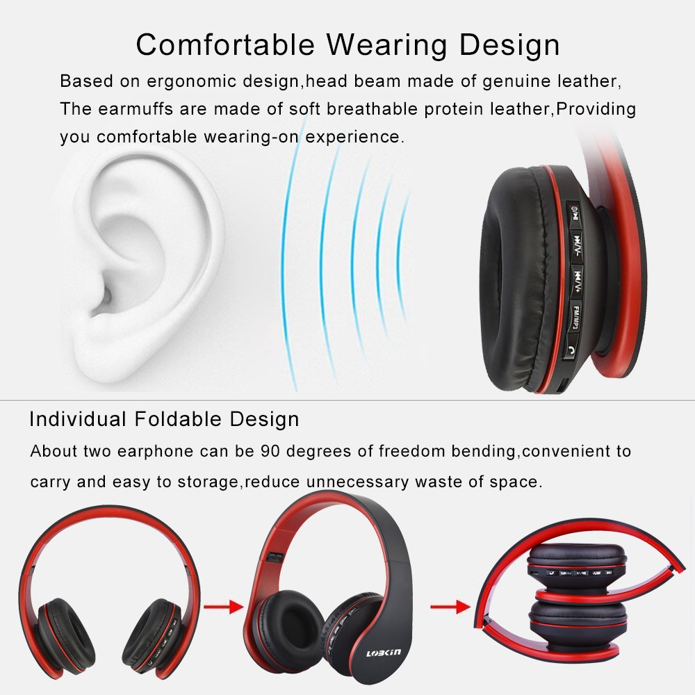Cuffie Bluetooth LOBKIN Auricolari Stereo con Microfono Bluetooth 4.1 Pieghevole Over-Ear Senza Fili Cuffie con Microfono Ricaricabile Riduzione del Rumore Interno Supporto SD/TF Card (red)