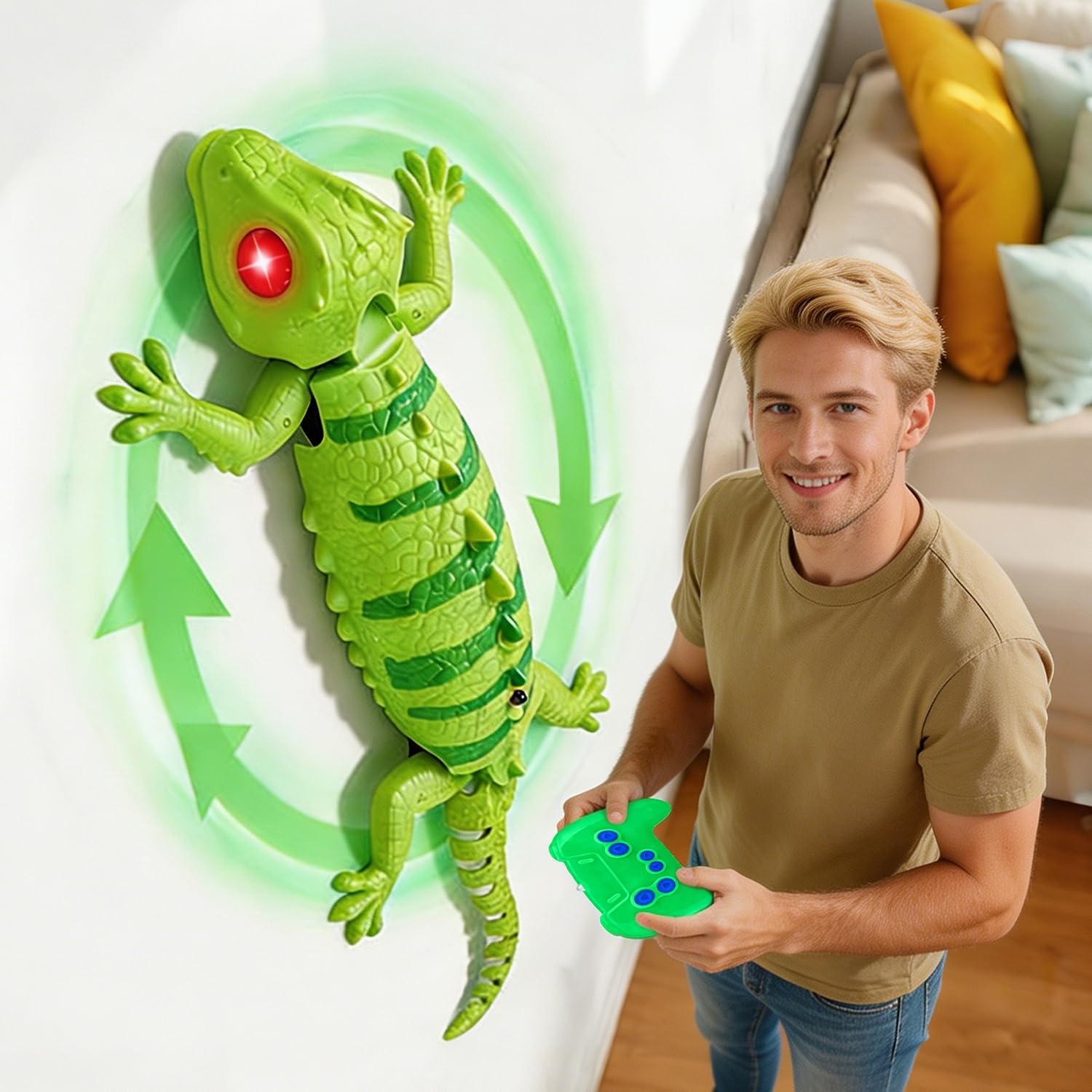FANPROMS Wall Crawler Gecko, Rechargeable Remote Control Lizard with Glowing Eyes, RC Robot Crawls Along Walls and Ceilings for Halloween