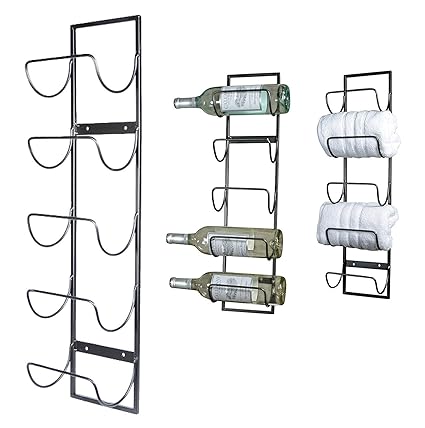 INDIAN DECOR 10021 Black 5 Bottle Wall Mounted Metal Wine Rack, Towel Rack