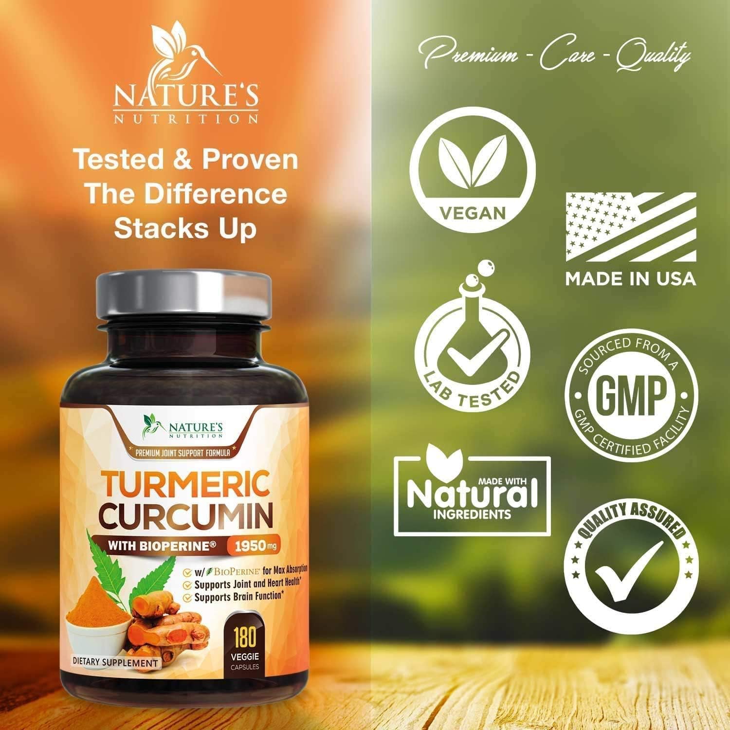 Turmeric Curcumin with BioPerine 95% Curcuminoids 1950mg with Black Pepper for Best Absorption, Made in USA, Most Powerful Joint Support, Turmeric Supplement Pills by Natures Nutrition - 180 Capsules: Health & Personal Care