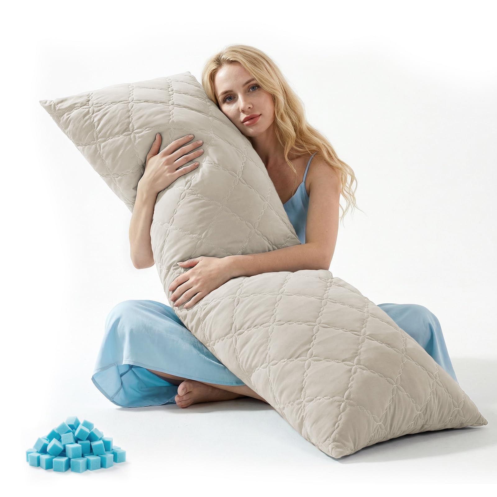 BEDELITE Cooling Body Pillow for Adults, Creative Ultra Soft Cool-Touch Quilted Nylon-Spandex Body Pillow Cover, Adjustable Memory Foam Long Pillow for Side Sleepers, Pregnancy & Back Pain(Linen)