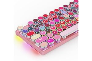 HUO JI Typewriter Mechanical Gaming Keyboard with RGB Sidelit and Rainbow Backlit, Retro Style, Red Switches, Metal Panel, Lipstick 104 Keys for Mac, PC, Cute Pink