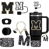 Mity rain 6PCS Cup Accessories Set for Stanley Cup 30oz 40oz tumbler with handle, Black Accessories Including Straw Topper, Boot, Spill Proof Stopper, Handle Charm, Initials Sticker(Letter M)