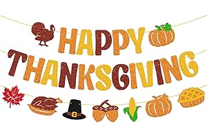 YOYMARR Happy Thanksgiving Banner Thanksgiving Day Garland Fall Maple Leaves Autumn Pumpkin Pie Turkey Harvest Theme Banner Thanks Giving Party Decorations