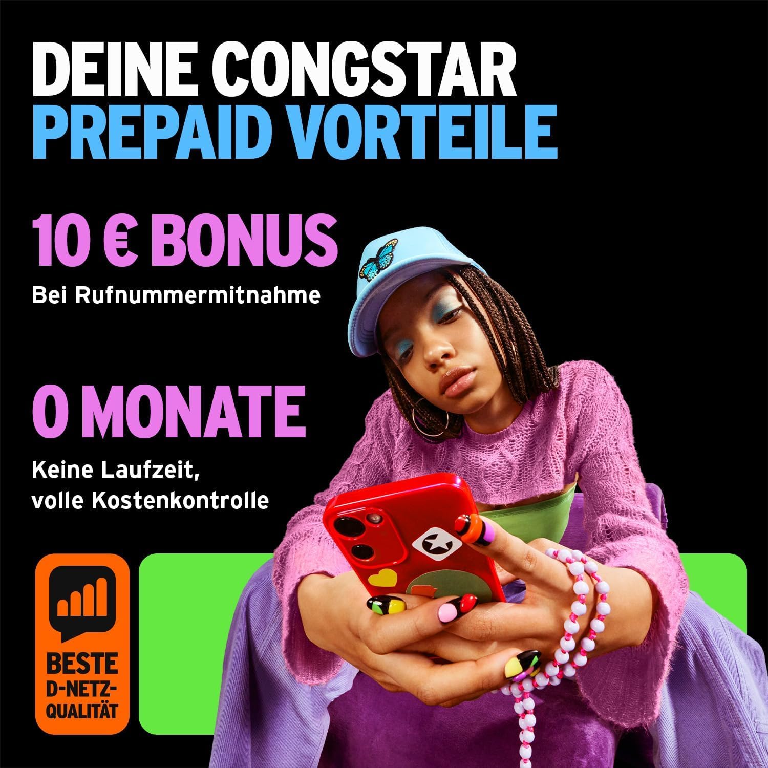 congstar Prepaid ALLNET XL – 55 GB im D-Netz mit 5G (25 Mbit/s), 16€ Startguthaben, Telefon & SMS Flat in alle dt. Netze, EU-Roaming inkl., jedes Jahr 1 GB mtl. mehr, ohne Vertrag. 2