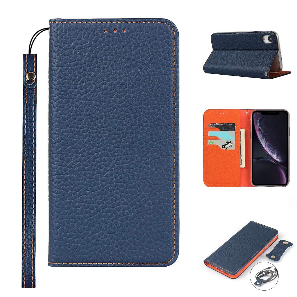 Copmob iPhone XR Case,Genuine Leather Flip Wallet Case,[3 Card Holders][Magnetic][RFID-Blocking],Protective Phone Case Cover for iPhone XR - Dark Blue
