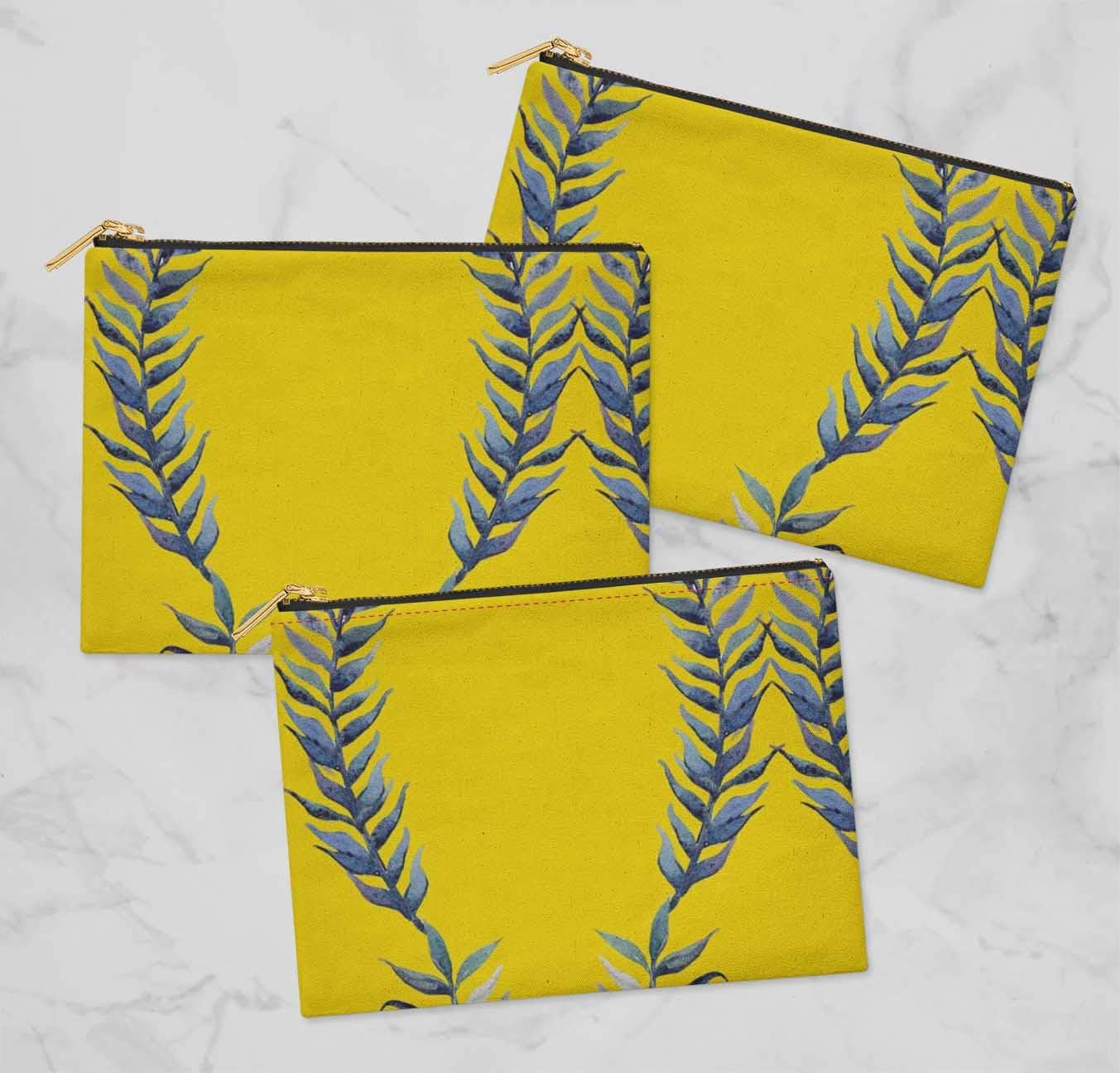 S4Sassy Yellow Laurel Leaves 3 Pc Printed Multipurpose Zipper Make Up Pouch Toiletry Bag Organizer-6 x 8 Inches - Image 5