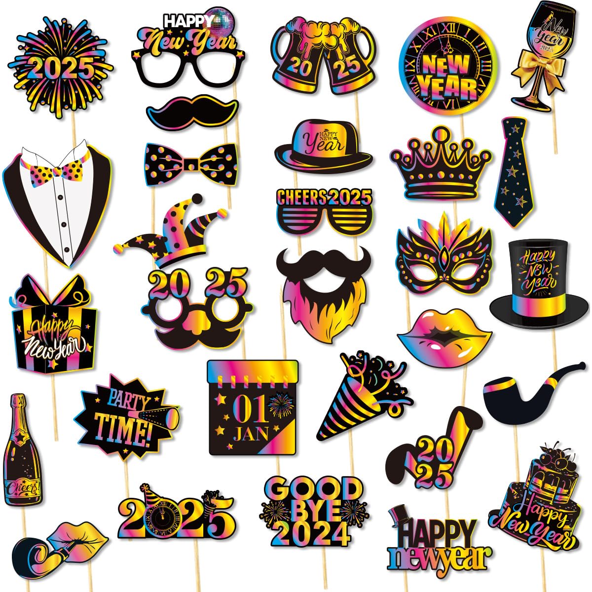 New Year Photo Booth Props, Funny Photo Booth Props, 30pcs Colorful 2025 Happy New Year Photo Booth, New Years Eve Photo Props Decorations, 2025 Happy New Year's Eve Party Photo Booth