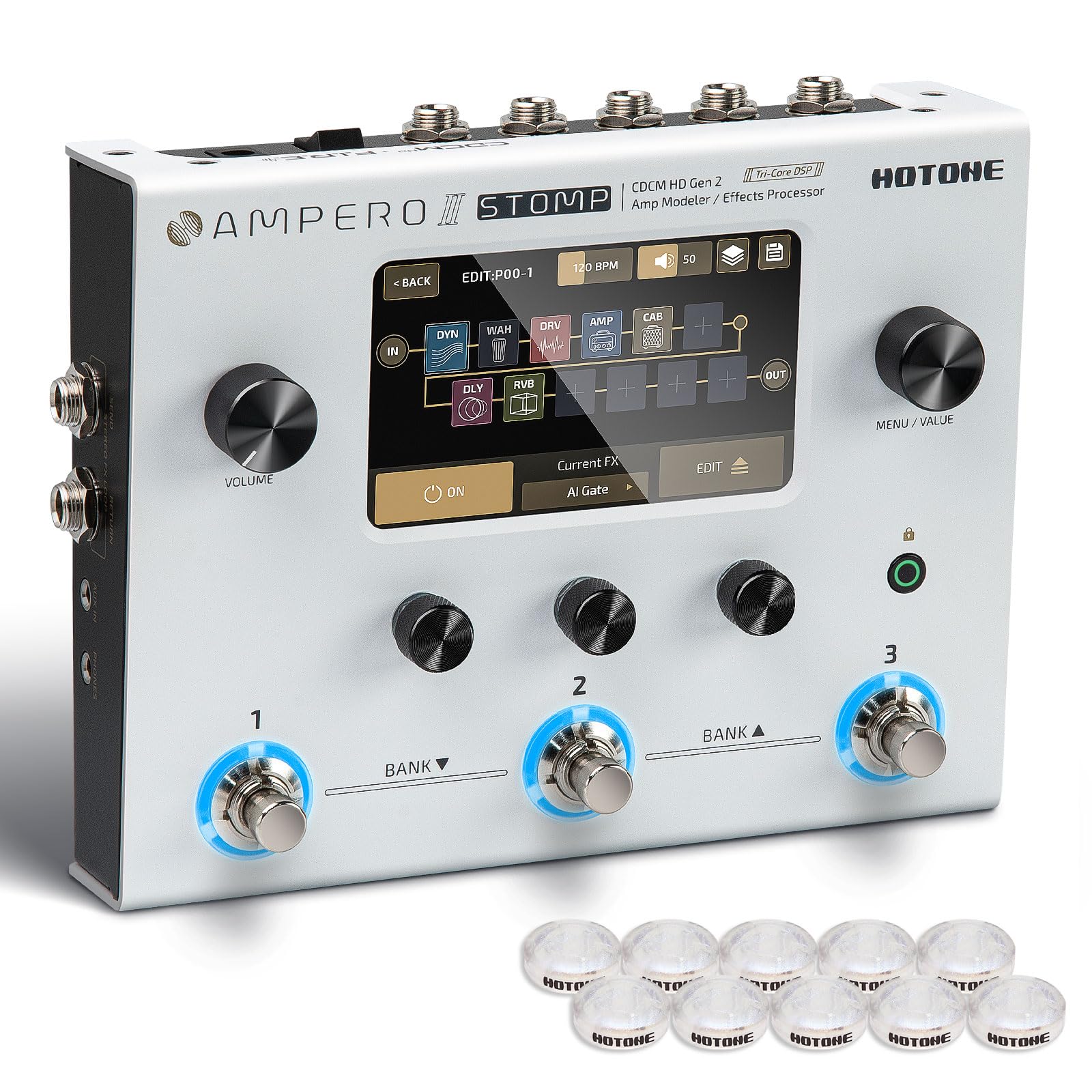 Photo 1 of HOTONE Guitar Multi Effects Processor Multi Effects Pedal Touch Screen Guitar Bass Amp Modeling IR Cabinets Simulation Multi FX Processor (Include 10 PCS Additional Footswitch Toppers)