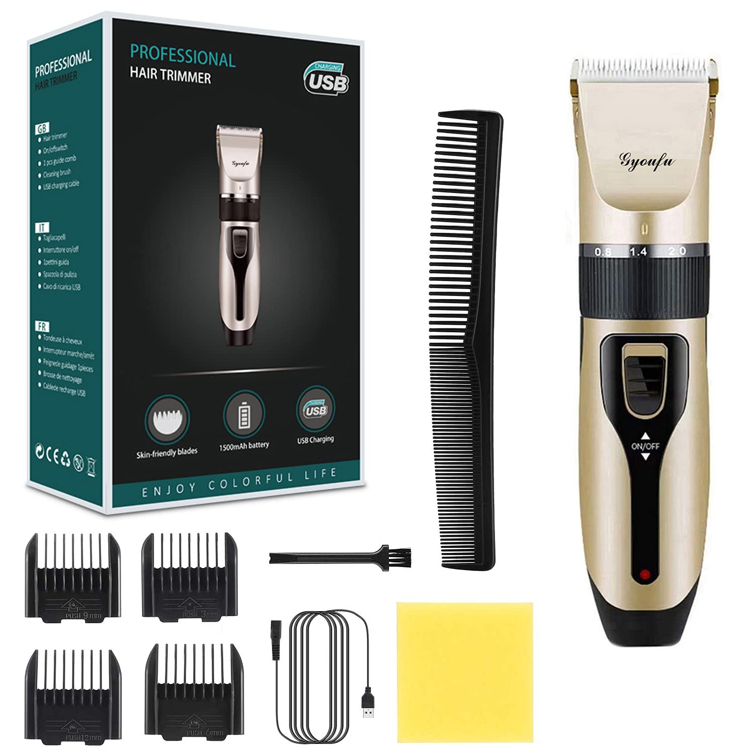 Hair Clippers for Men Hair Cutting Kit Electric Rechargeable Beard Trimmer Cordless Low Noise Beard Shaver for Pet Dogs Baby Kids with Guide Combs (Gold A1)