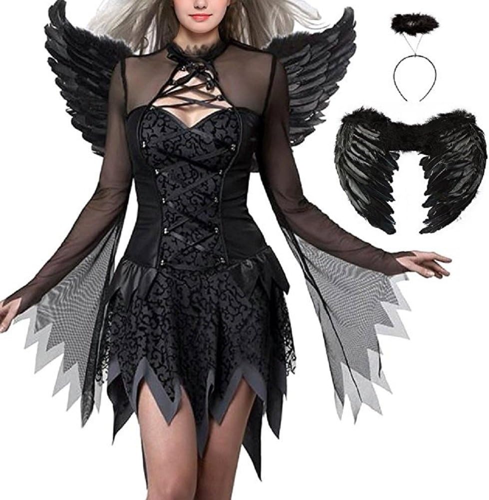 Rexury Halloween Evil Fallen Angel Costume for Women Girls Sexy Fancy Dress Black,Headpiece and Angel Wings