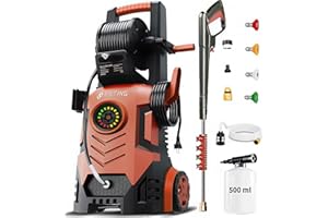 FOTING 2025Upgraded Pressure Washer 5000PSI with Adj-8-Level Touch Screen, 34" Tall Power Washer, 4 Quick Connect Nozzles, Inlet Hose&Filter&500mlFoam Cannon for Cars/Fences/Driveways/Home Cleaning, Red