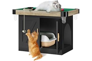 Homiflex Cat Litter Box Enclosure, Wooden Litter Box Furniture with Game Area, Cat Washroom with Barn Door, Indoor Pet House, Fit Most of Litter Box, Black