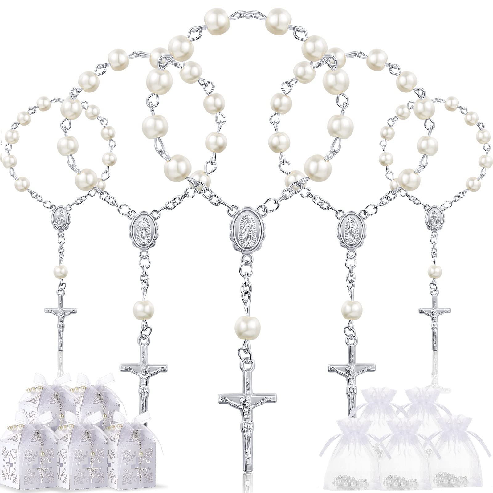Photo 1 of 50 Packs Baptism Favors Set Acrylic Rosary Beads Faux Pearls with Organza Bags and Cross Baptism Favor Boxes Recuerdo De Boda Y Bautizo for Christening Weddings Party Favors(Silver Pearl Bracelet)