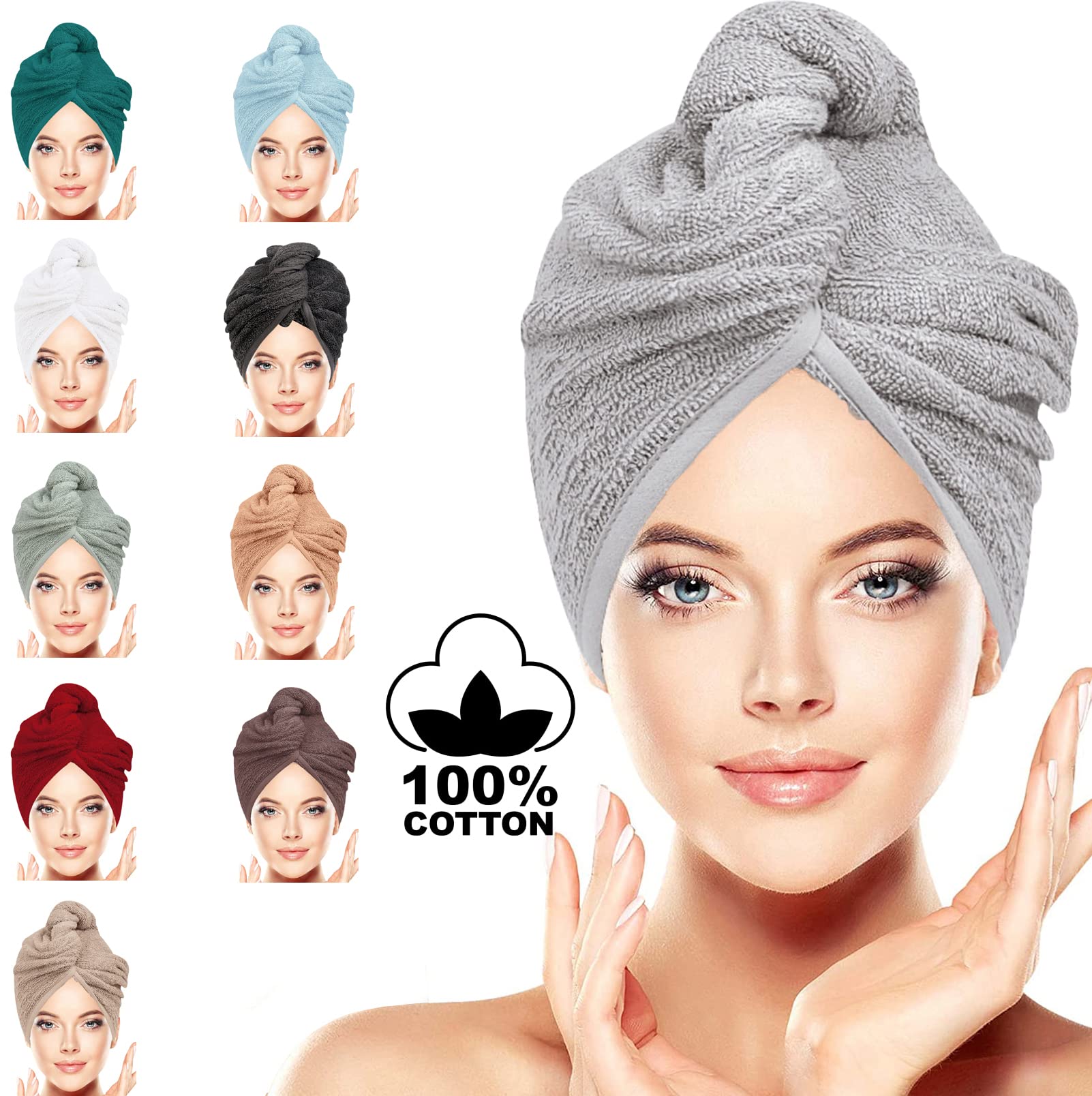 LUXURY Hair Towel Wrap 100% Cotton, Instant Drying Lightweight Turban Cap Super Quick Absorbent Anti-Frizz Twist Toweling Dry Hat with Button Loop for Long Curly Hairs, 62CM x 23CM Silver Single