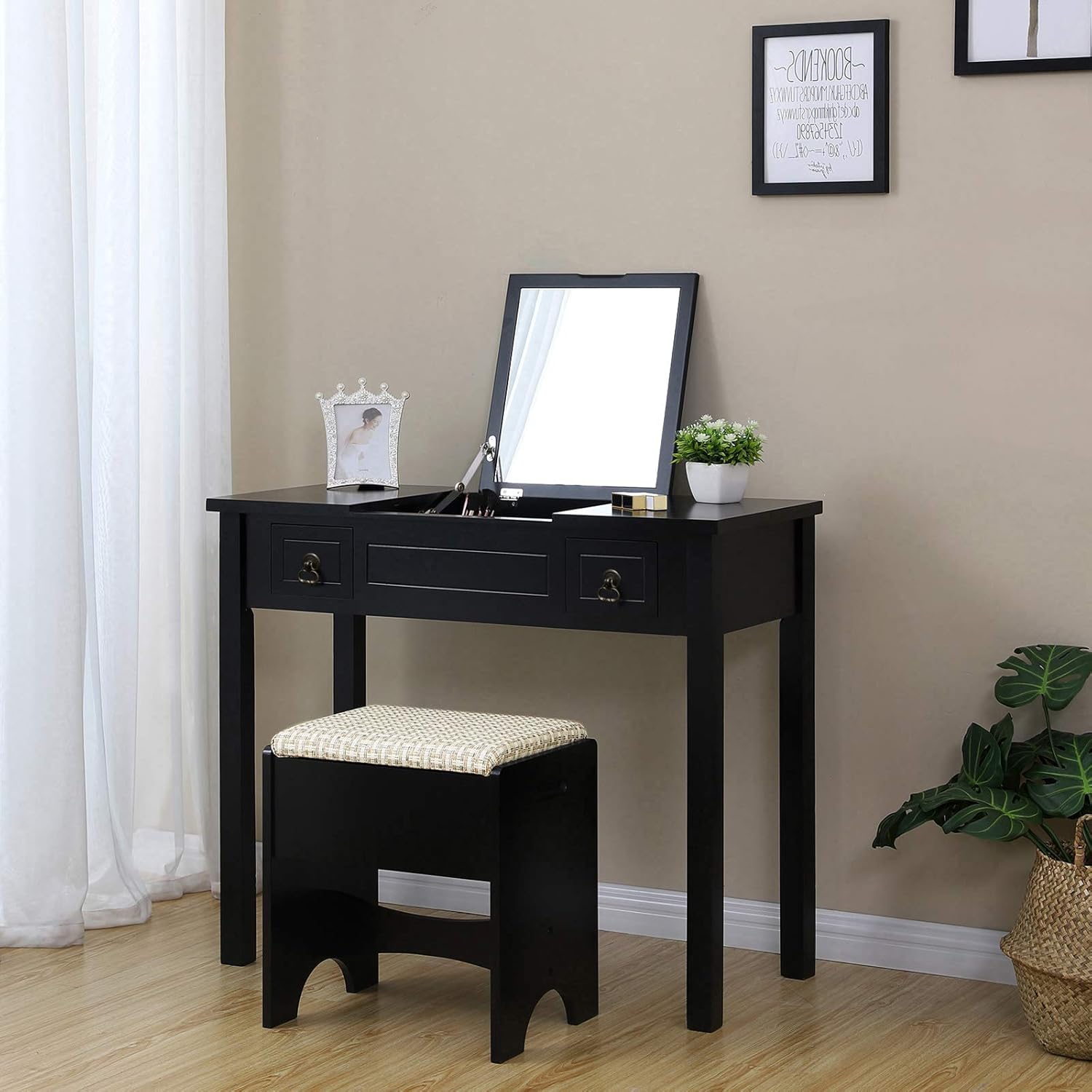 VASAGLE Vanity Set with Flip Top Mirror Makeup Dressing Table Writing Desk with 2 Drawers Cushioned Stool 3 Removable Organizers Easy Assembly, Black: Home & Kitchen