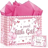 Pink Bow Baby Shower Party Supplies for Girls Bow 1st Birthday Gift Bag with Wrapping Paper and Card Pink A Sweet Little Girl is on The Way Party Wrapping Paper Bag for Baby Shower Gender Reveal Party
