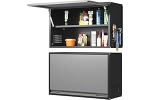 Coolsun Metal Wall Cabinet, Garage Wall Cabinet with Up-Flip Door, 19.7" H Wall Mounted Metal Storage Cabinet for Kitchen,Garage,Basement,Ware House Assembly Required (Black Gray 31.5" W)