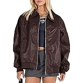 Tankaneo Womens Faux Leather Jackets Oversized Bomber Casual Fall Fashion Zip Up Moto Biker Coats
