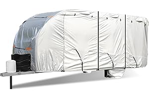 Smikodo Travel Trailer RV Cover,300D RV Cover 33-35 ft Travel Trailer RV Cover Windproof Waterproof Rip-Stop Camper Cover with Jack Cover 4 Tire Covers and Gutter Covers,Utility Trailer Cover Silver