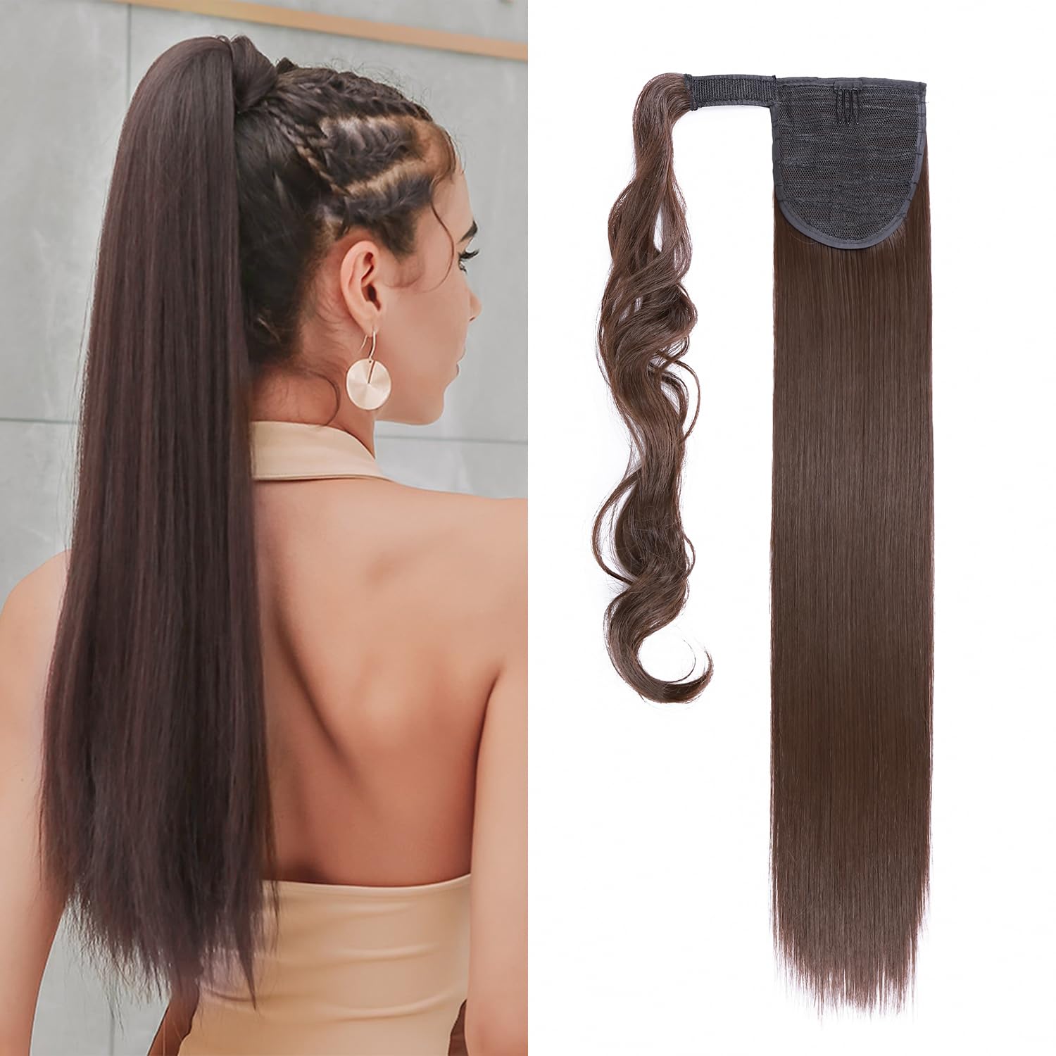 S-noilite 23" Long Straight Wrap around Ponytail Extensions Clip in Ponytail Hair Extensions Hairpiece for Women for Daily Use Medium Brown