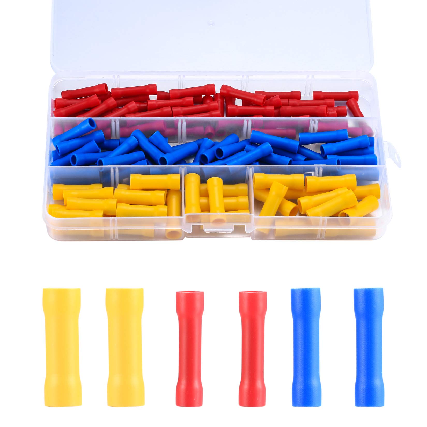 120 Pcs Insulated Straight Wire Terminal Connectors, Butt Splice Connectors, Automotive Cable Crimp Terminals, Electrical Butt Crimp Connectors(Blue, Red, Yellow)