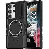 For Samsung Galaxy S22 Ultra Magnetic Case with Ring Stand [Compatible with MagSafe] [Screen Protector] [Military-Grade Protection] Heavy Duty Rugged Shockproof Case with Slide Camera Cover, Black