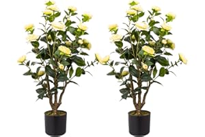 Howngyesimu Artificial Camellia Tree, 3FT Yellow Fake Tree Blooming Camellia Flower Plant for Spring Home Front Door Outdoor Indoor Decoration