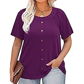 AKEWEI Womens Plus Size Tops 2026 Summer Short Sleeve Pleated Shirts Crew Neck Casual Loose Blouses Tunic XL-5XL