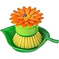 Vigar Flower Palm Dish Scrub Brush with Holder, Perfect Kitchen Brushes for Dishes, Sink Brush and Cleaning Brushes for Household Use, Orange, Green