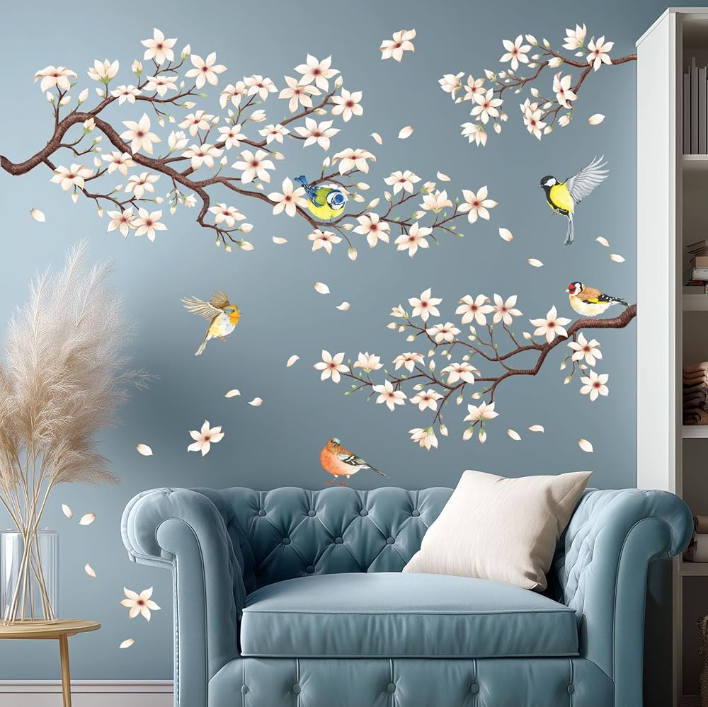 DECOWALL White Cherry Blossom Branch Wall Sticker Flower Birds Decal Bedroom