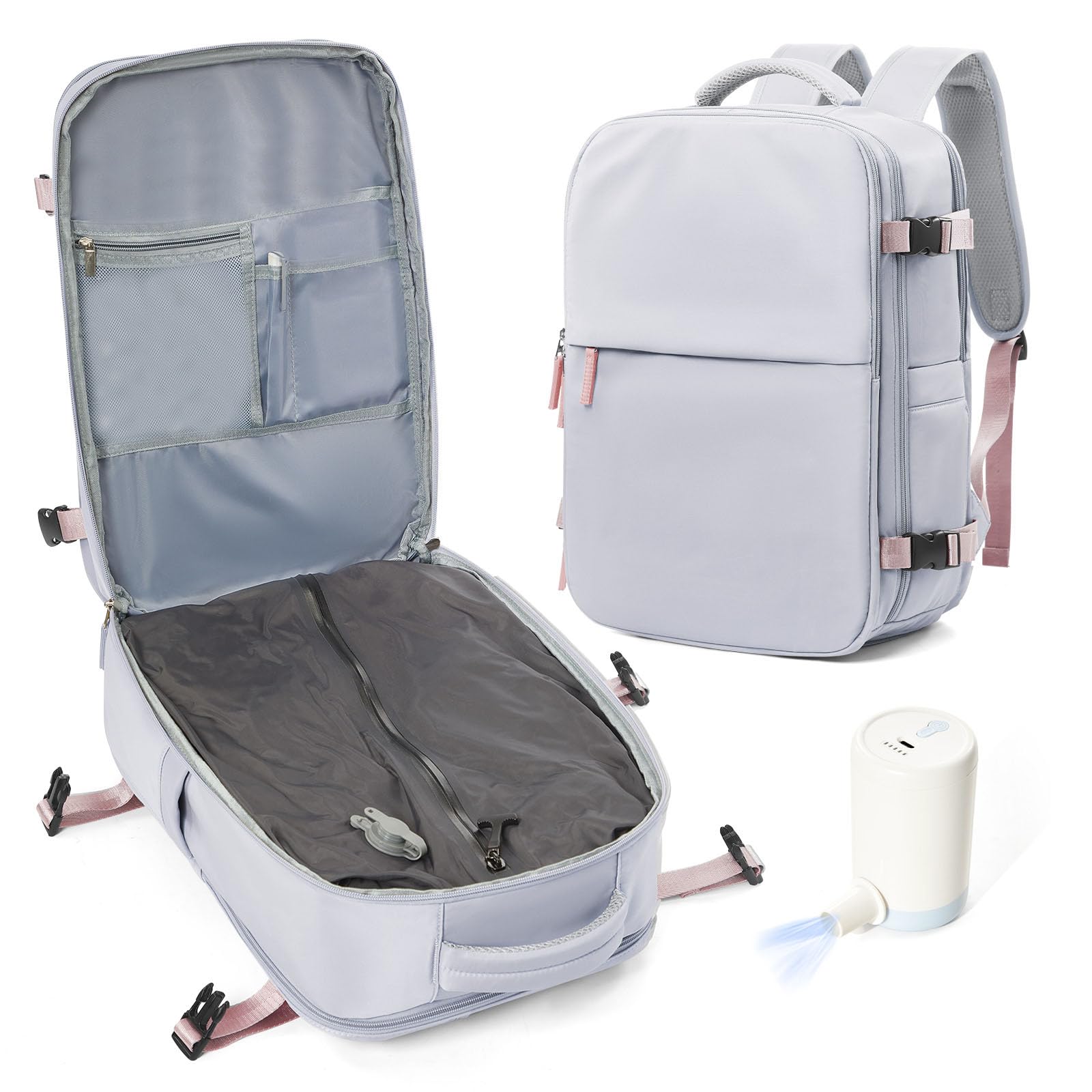 Photo 1 of vivatote Vacuum Compression Backpack with Electric Vacpack Pump, Large Travel Backpacks with Vacuum System, Carry On Personal Item Bags for Airplane with 15.6inch Laptop Compartment/USB Port, Grey