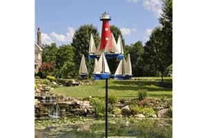 PONPRNGY Kinetic Art Wind Sculpture - Summer Lighthouse Sailboat Windmills, Nautical Art Garden Windmills, Large Metal Sailboat Wind Spinners Decor for Outdoor Yard and Garden (1pc)