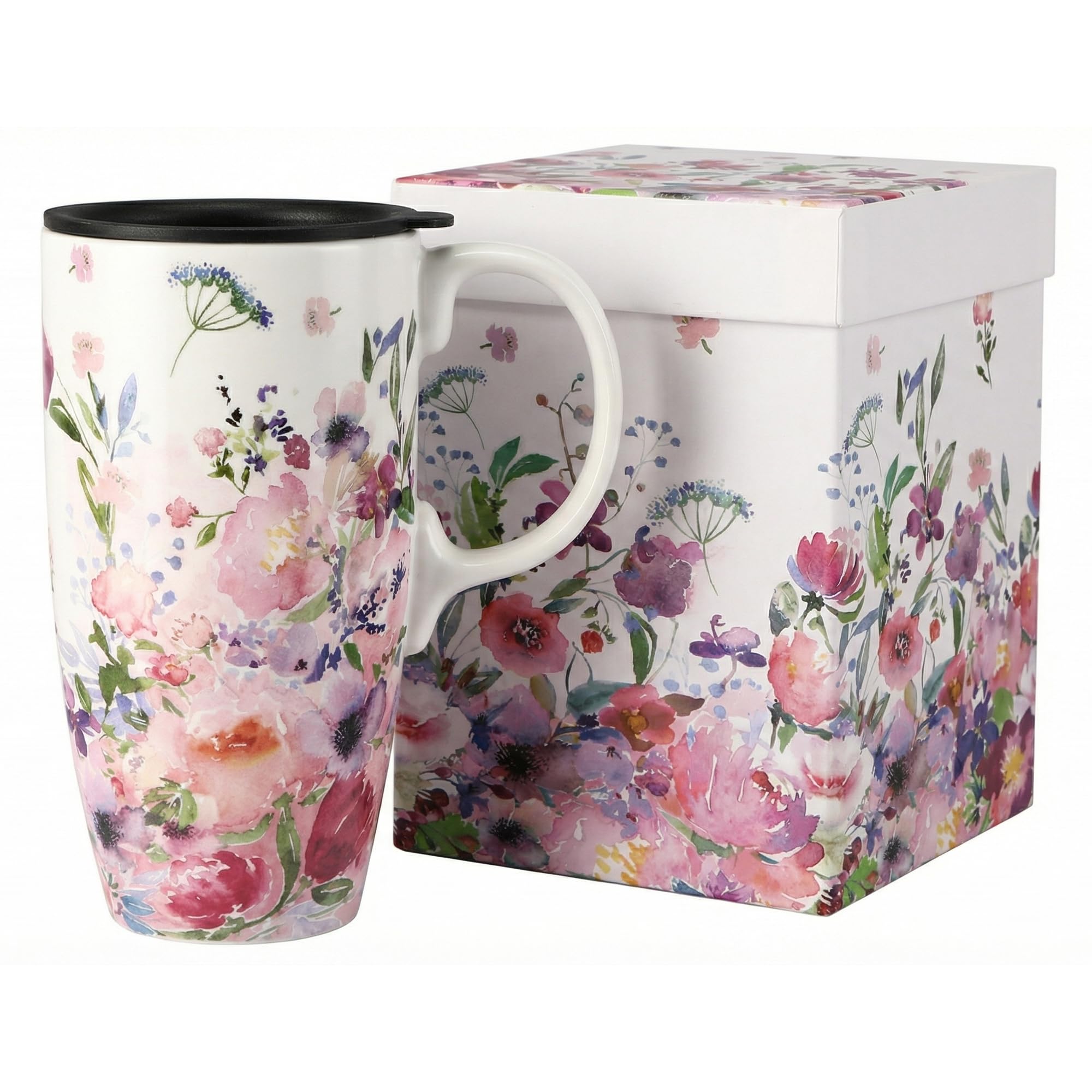Topadorn Ceramic Mug with Lid Coffee Mug with Gift Box Latte Mug Coffee Cup,17oz.Pink Garden — image 1