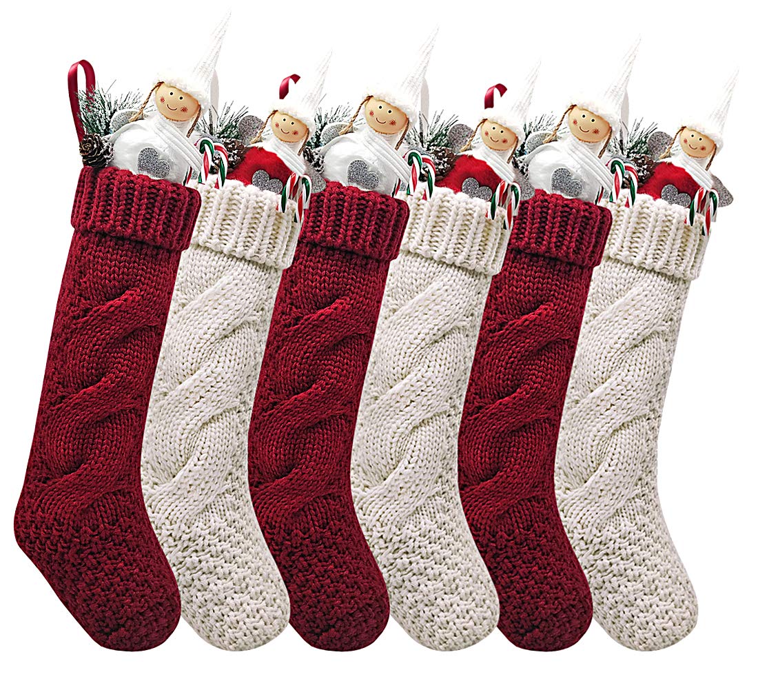 Burgundy and Ivory White Knit Christmas Stockings