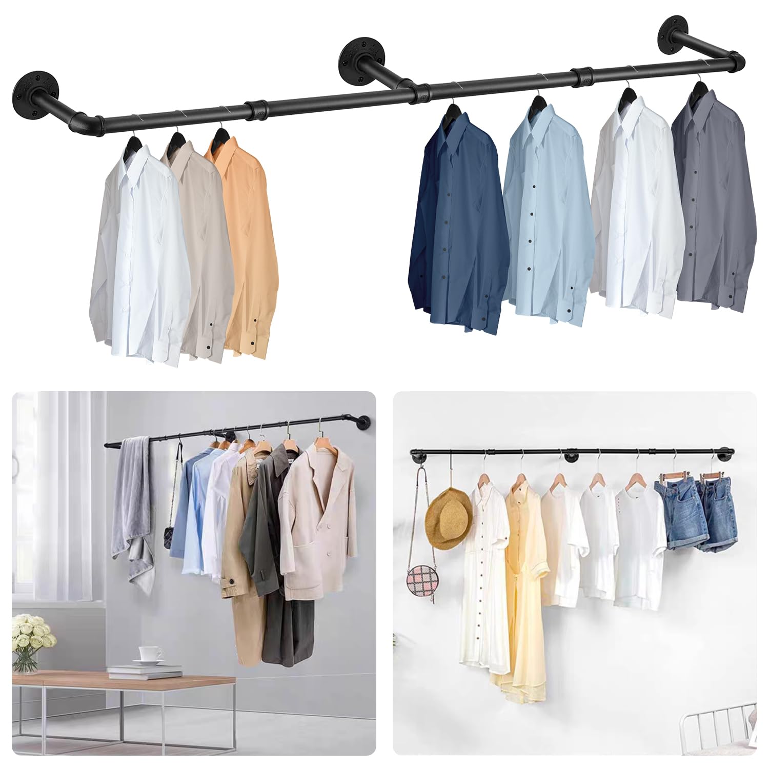 Duscdesp Wall Mounted Clothes Rail Industrial Clothes Rack Heavy Duty Clothes Rail Metal Hanging Rails for Clothes Clothing Rack for Bedroom Cloakroom (180CM)