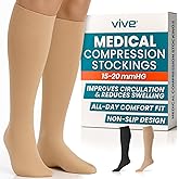 Vive Knee High Compression Socks for Women & Men – 15-20mmHg Medical Support Stockings for Varicose Veins, Swelling, Soreness & Airplane Travel – Breathable TED Hose for Legs & Feet (Beige,Black)