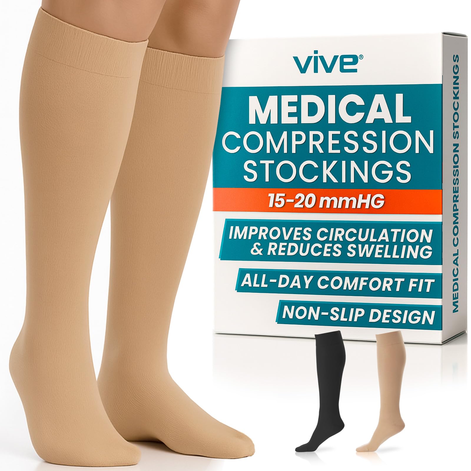TruCompress Compression Stockings - 15- 20 mmHg for Varicose Veins - Ultra Sheer TED Style Hose for Women and Men - Knee High for Swelling, Soreness, Maternity, Pregnancy