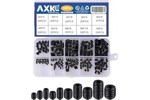 AXK 200PCS Set Grub Screw M3 M4 M5 M6 M8 Metric Thread Hex Allen Socket Head Cap Screw Bolt Hexagon Hex Drive Cup Point Screw