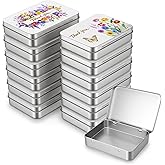 Goodma 12 Pack Empty Rectangular Silver Metal Tins Storage Organizer Gift Boxes with Thank You & Flowers Image Pattern on the Lid, 4.5 x 3.3 x 0.9 inch