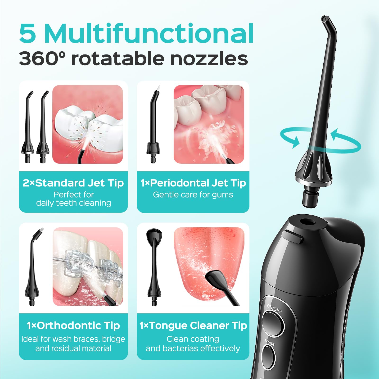 COSLUS Water Dental Flosser for Teeth Cordless: 2025 Upgraded Portable Oral Irrigator 300ML 5 Jet Tips Rechargeable Tooth Flosser Teeth Braces Pick IPX7 Waterproof Irrigation Cleaner for Travel Home