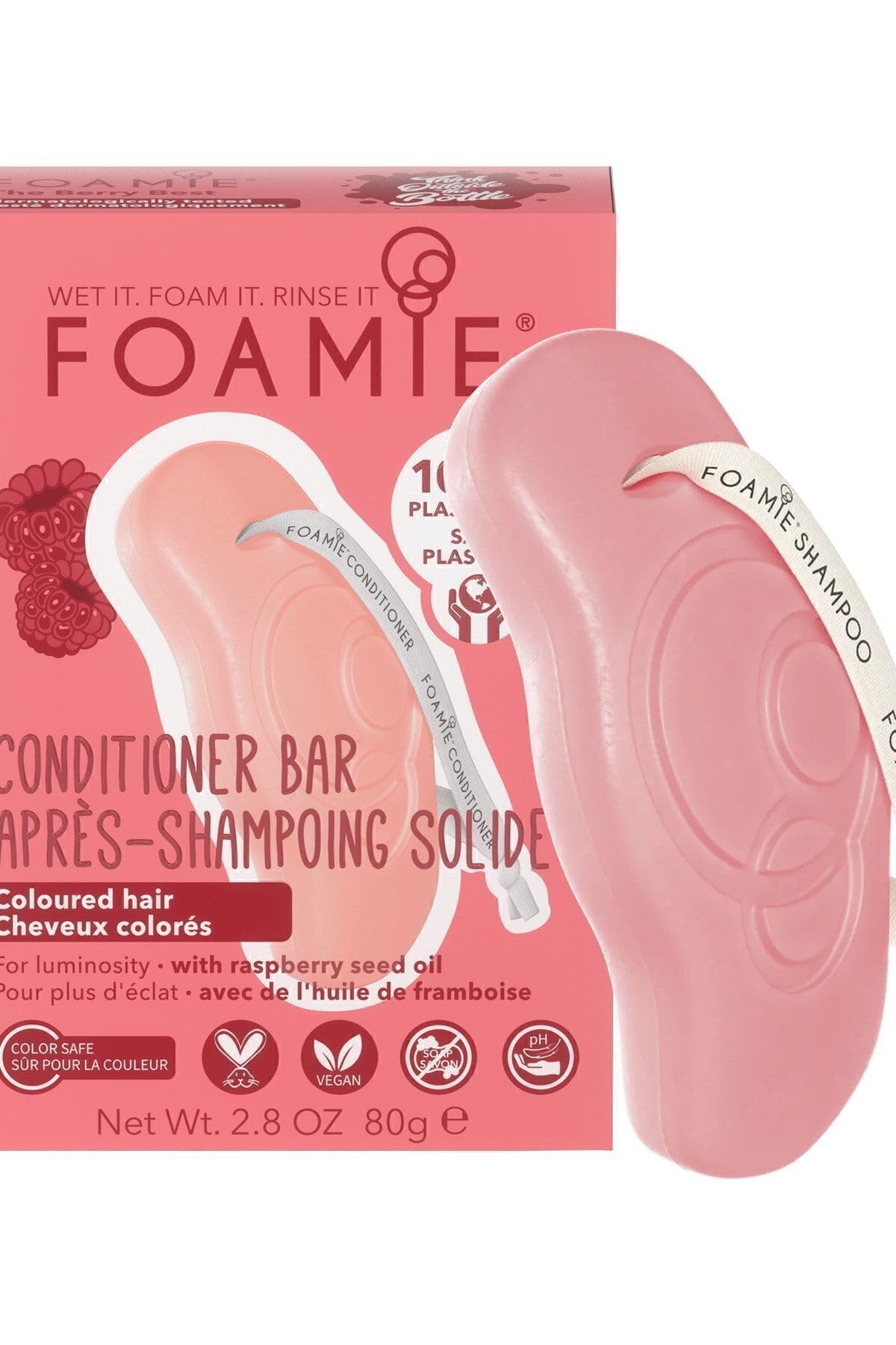 FOAMIE Shampoo Bar, Raspberry Oil for Coloured Hair, Plastic-Free, pH-Balanced, Soap-Free, No Sulphates or Parabens. Made in the UK.
