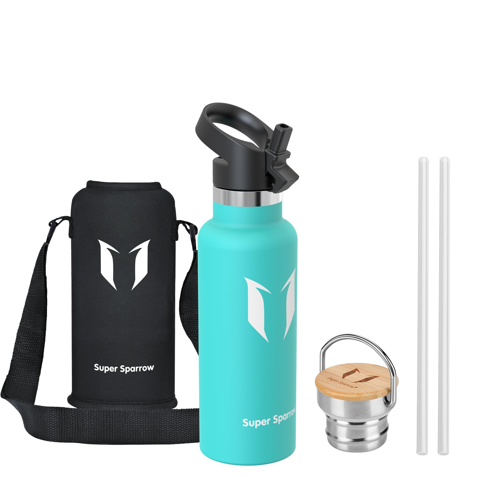 Super Sparrow Stainless Steel Vacuum Insulated Water Bottle - Double Wall Design - Standard Mouth - 500ml - Non-Toxic BPA Free - Ideal as Sports Bottle - 2 Lids (Mint)