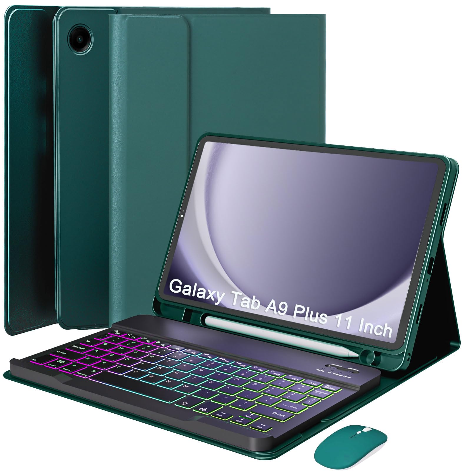 Photo 1 of VLEAQC Keyboard Case for Samsung Galaxy Tab A9+/A9 Plus 11 Inch 2023 (SM-X210/X216/X218), Detachable Color Backlit Bluetooth Keyboard and Mouse, Slim Lightweight Stand Cover with Pen Holder (Green)