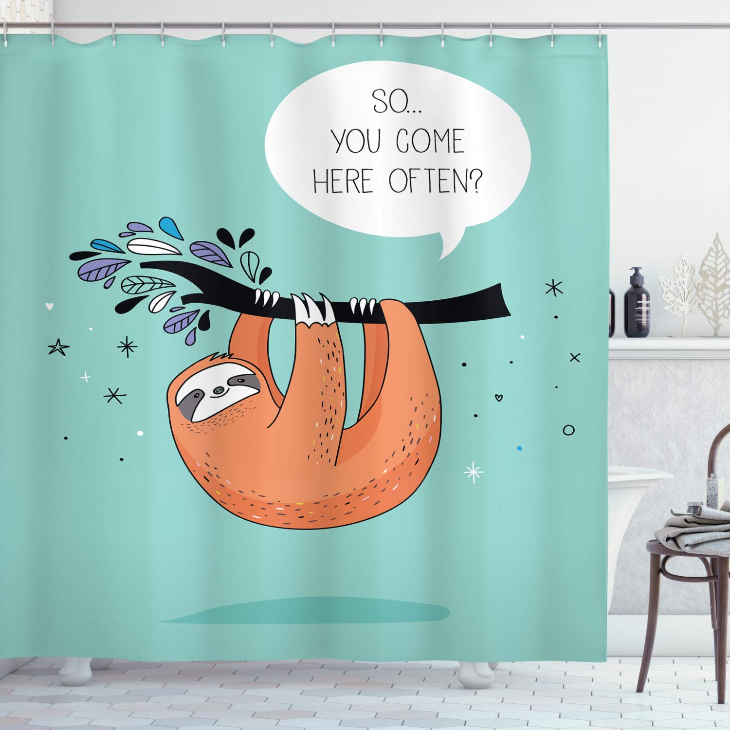 ABAKUHAUS Animal Shower Curtain, Cartoon Design Print Sloth a Flirty Words So You Come Here Often Color Image, Cloth Fabric Bathroom Decor Set with Hooks, 86 Inches Extra Long, Multicolor