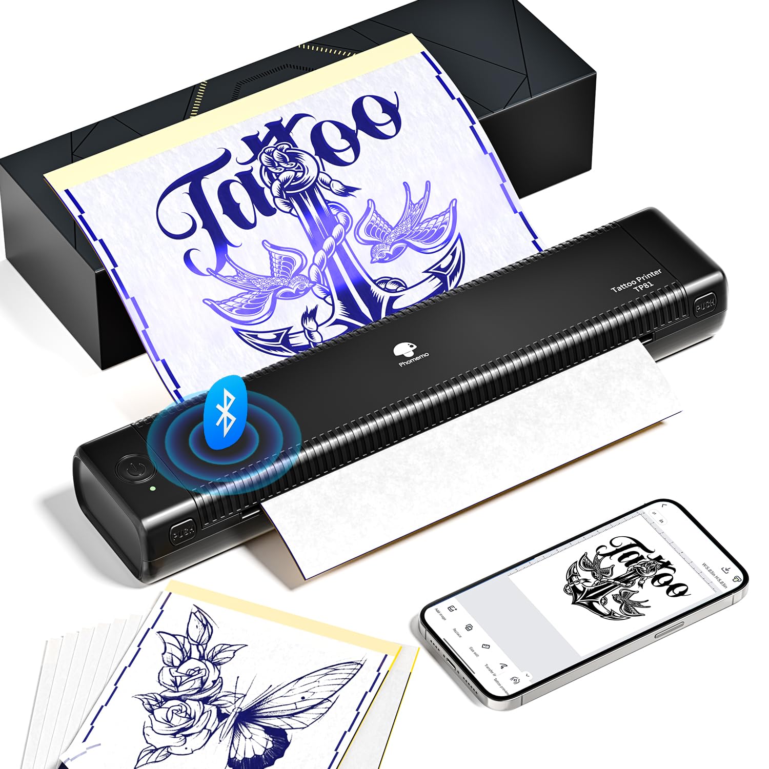 Phomemo TP81 Upgraded Tattoo Stencil Printer, Bluetooth Tattoo Machine with 10pcs Transfer Paper, Wireless Thermal Stencil Printer Compatible with Smartphone iPad & PC, Tablet